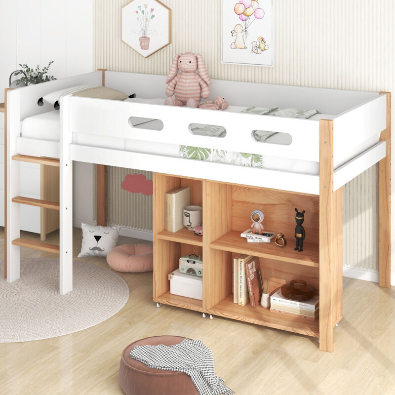 foto del prodotto letto a castello per bambini 90 x 200 cm con armadietti estraibili e protezione anticaduta, naturale e bianco
