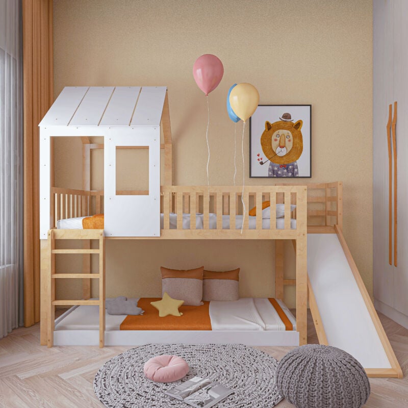 foto del prodotto letto a castello per bambini 90 x 200 cm con scaletta, scivolo, protezione anticaduta e griglia. pino. naturale e bianco