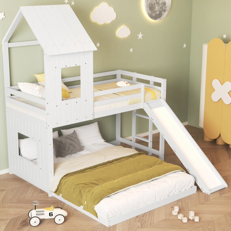 foto del prodotto letto a castello per bambini 90 x 200 cm e 140 x 200 cm con scivolo, protezione anticaduta, finestra e tetto e scaletta a tre gradini, bianco