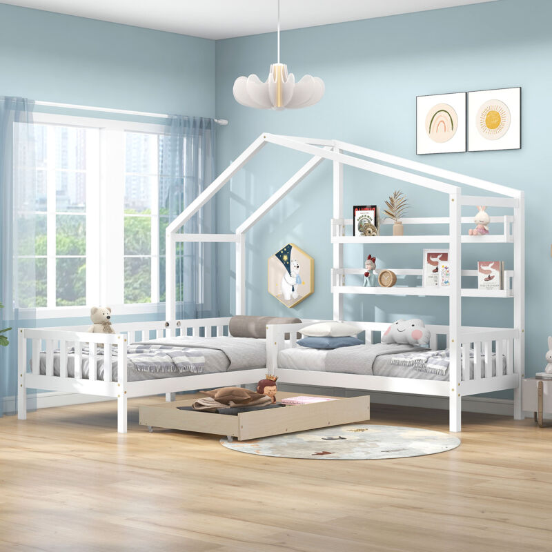 foto del prodotto letto a castello per bambini 90 x 200 cm e 140 x 70 cm a l con cassetti, ripiani e recinzione. bianco