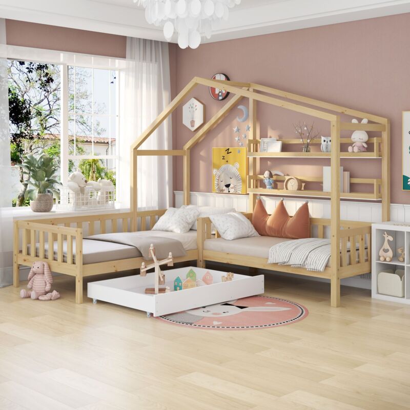 foto del prodotto letto a castello per bambini 90 x 200 cm e 140 x 70 cm a l con cassetti, ripiani e recinzione. naturale