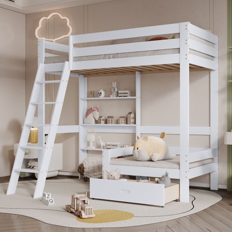 foto del prodotto letto a castello per bambini 90 x 200 cm in legno con ripiani e divano, 1 cassetto, scaletta inclinata a 5 livelli, bianco