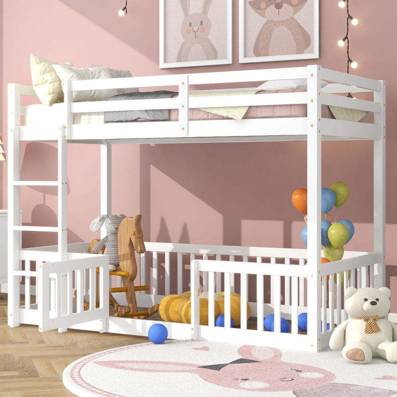 foto del prodotto letto a castello per bambini 90 x 200 cm in legno con scaletta. recinzioni e cancelli. protezione anticaduta. bianco