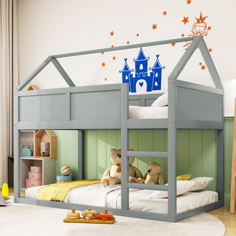 foto del prodotto letto a castello per bambini 90 x 200 cm, letto a castello basso singolo, letto a soppalco con scaletta, struttura in legno massello, grigio