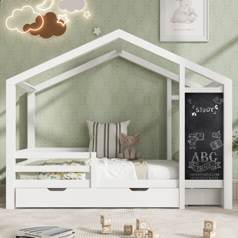 foto del prodotto letto a castello per bambini 90 x 200 cm, letto in legno con lavagna e 2 cassetti, legno massello con sponda e rete a doghe, bianco senza materasso 