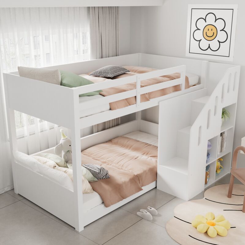 foto del prodotto letto a castello per bambini 90 x 200 cm, struttura letto con scale, armadietti, ringhiera, senza materasso, bianco