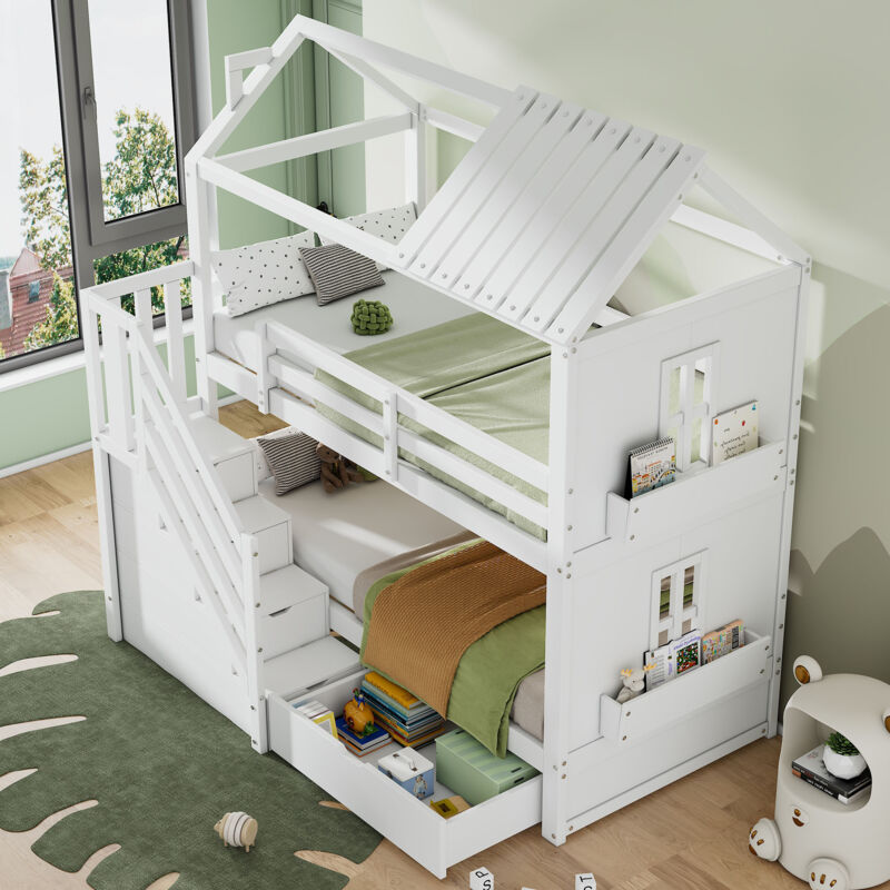 foto del prodotto letto a castello per bambini, 90200cm, letto multifunzionale per bambini, con scale di stoccaggio, cassetti e ripiani, spazio di archiviazione extra