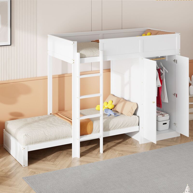 foto del prodotto letto a castello per bambini 90x200 cm, con scaletta di sicurezza verticale, armadio, bianco