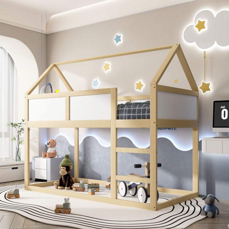 foto del prodotto letto a castello per bambini 90x200 cm, letto a castello singolo basso, letto a soppalco con scale, struttura in legno massello, colore legno