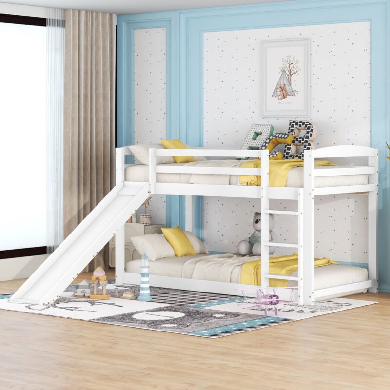 foto del prodotto letto a castello per bambini e adolescenti, lettino per bambini con scivolo, struttura in legno massiccio, montaggio semplice, 90x200 cm, bianco