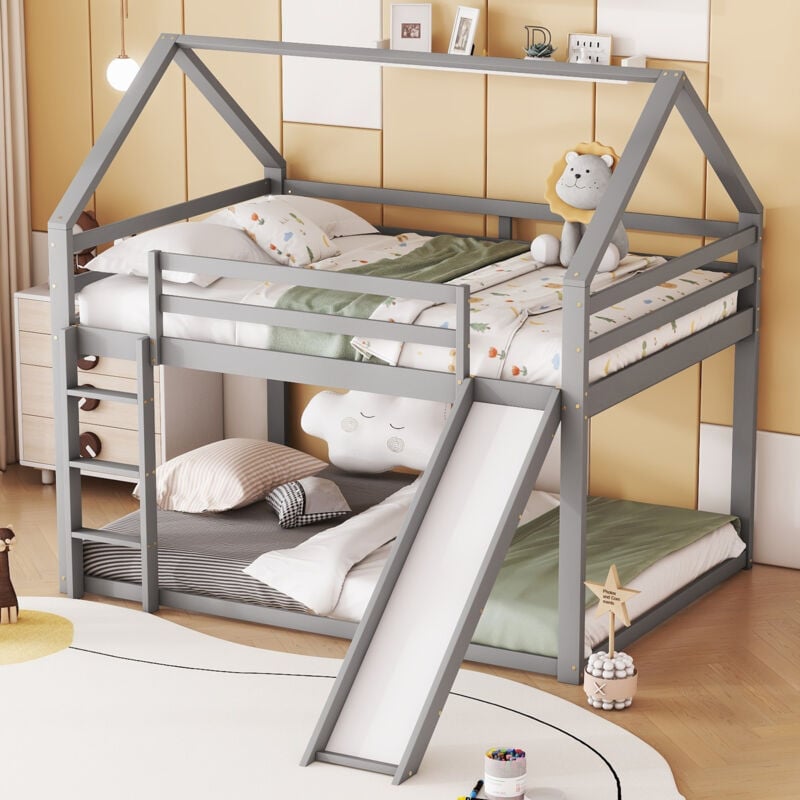 foto del prodotto letto a castello per bambini letto a castello 140 x 200 cm in pino con scivolo e scaletta, grigio