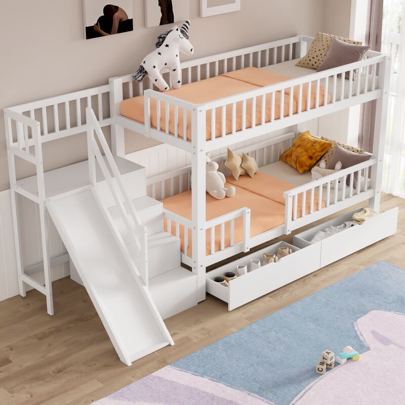 foto del prodotto letto a castello per bambini, letto matrimoniale, lettino multifunzionale per bambini, con scivolo e scaletta, con 2 cassetti, con porta magnetica,