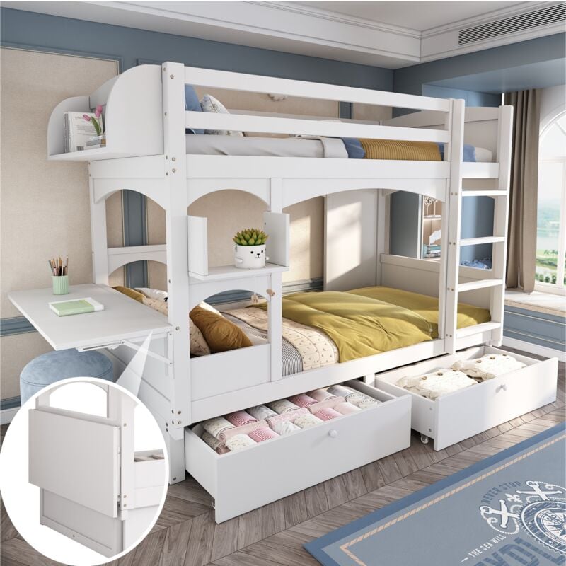 immagine 0 del prodotto letto a castello per bambini, letto matrimoniale, lettino multifunzionale per bambini, con scrivania pieghevole e ripiano, con scaletta e 2 cassetti,