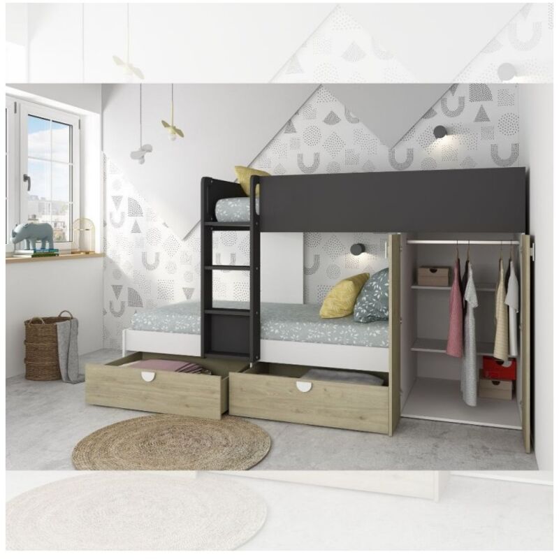 foto del prodotto letto a castello rovere e antracite con armadio 2 ante e cassetti