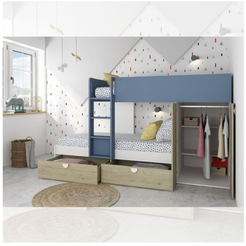 foto del prodotto letto a castello rovere e azzurro con armadio 2 ante e cassetti