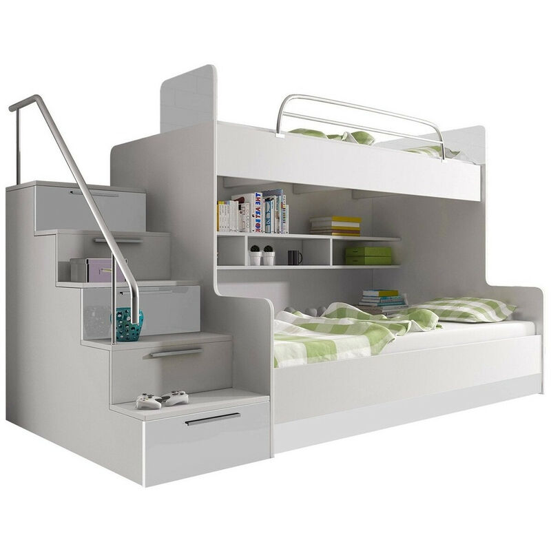 foto del prodotto letto a castello salmere 111, bianco bianco lucido, due piani, 90x200, pannello di fibra a media densit , truciolare laminato, senza, 120x254x166cm