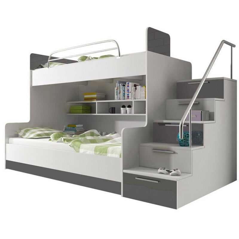 foto del prodotto letto a castello salmere 111, bianco bianco lucido grigio lucido, due piani, 90x200, pannello di fibra a media densit , truciolare laminato,
