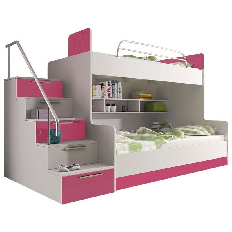 foto del prodotto letto a castello salmere 111, bianco bianco lucido rosa lucido, due piani, 90x200, pannello di fibra a media densit , truciolare laminato, senza,