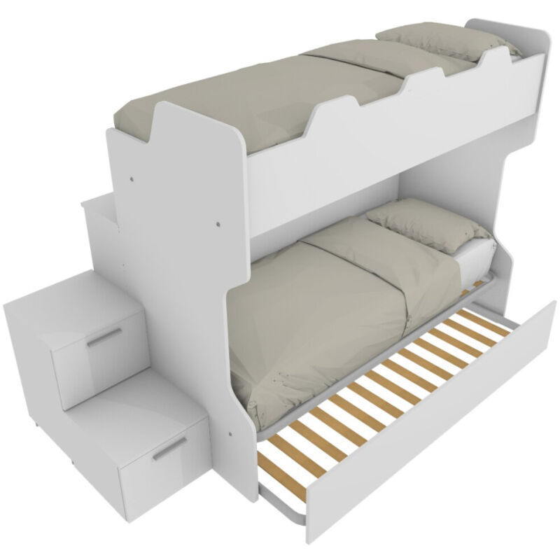 foto del prodotto letto a castello salvaspazio con scala a cassettoni e camminatoio - bianco