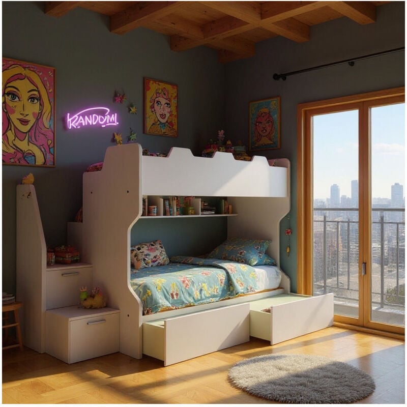 foto del prodotto letto a castello salvaspazio con scala a cassettoni e camminatoio - bianco