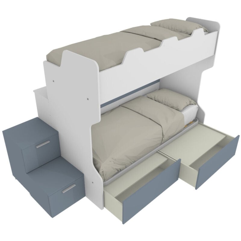 foto del prodotto letto a castello salvaspazio con scala a cassettoni e camminatoio - bianco e avio