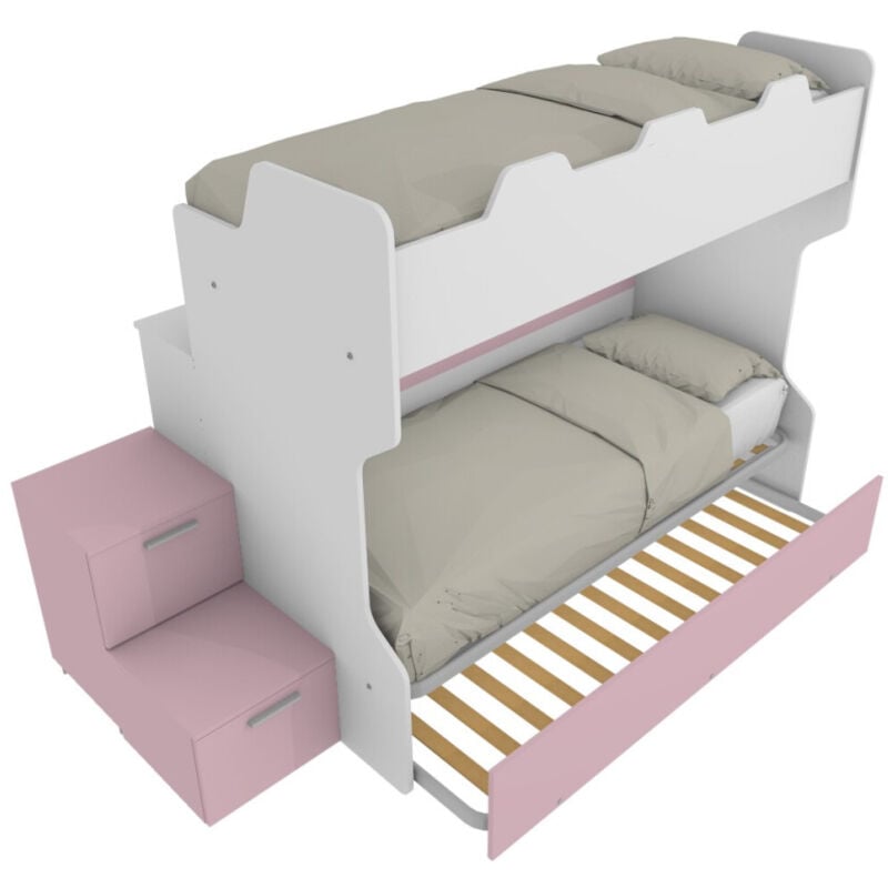 foto del prodotto letto a castello salvaspazio con scala a cassettoni e camminatoio - bianco e cipria