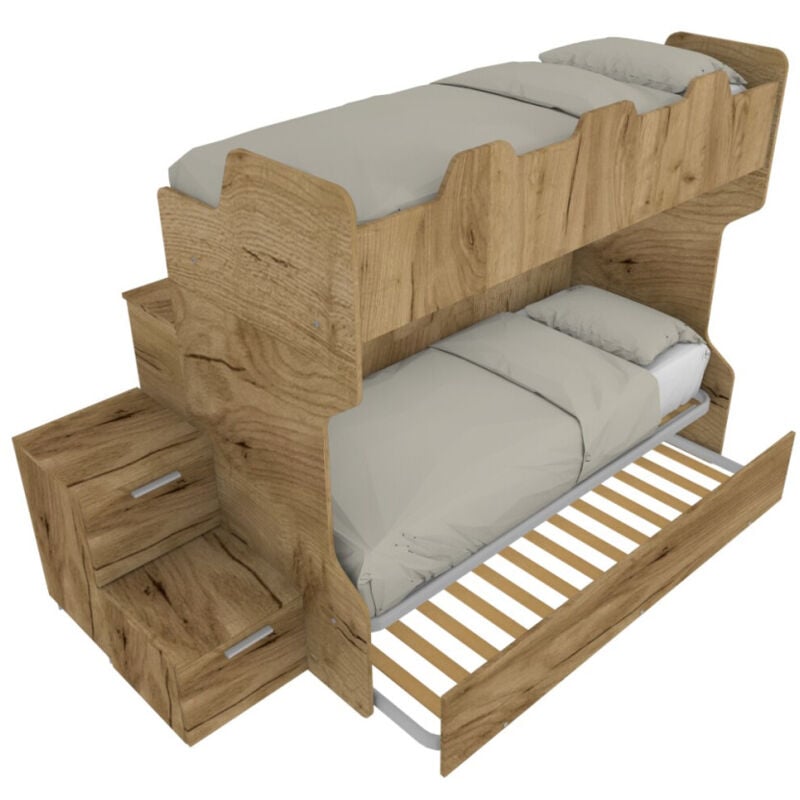 foto del prodotto letto a castello salvaspazio con scala a cassettoni e camminatoio - quercia