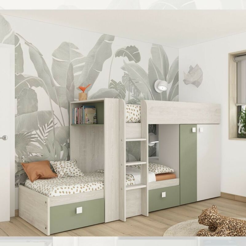 foto del prodotto letto a castello siesta per due bambini con armadio e cassetti colore bianco vintage e verde