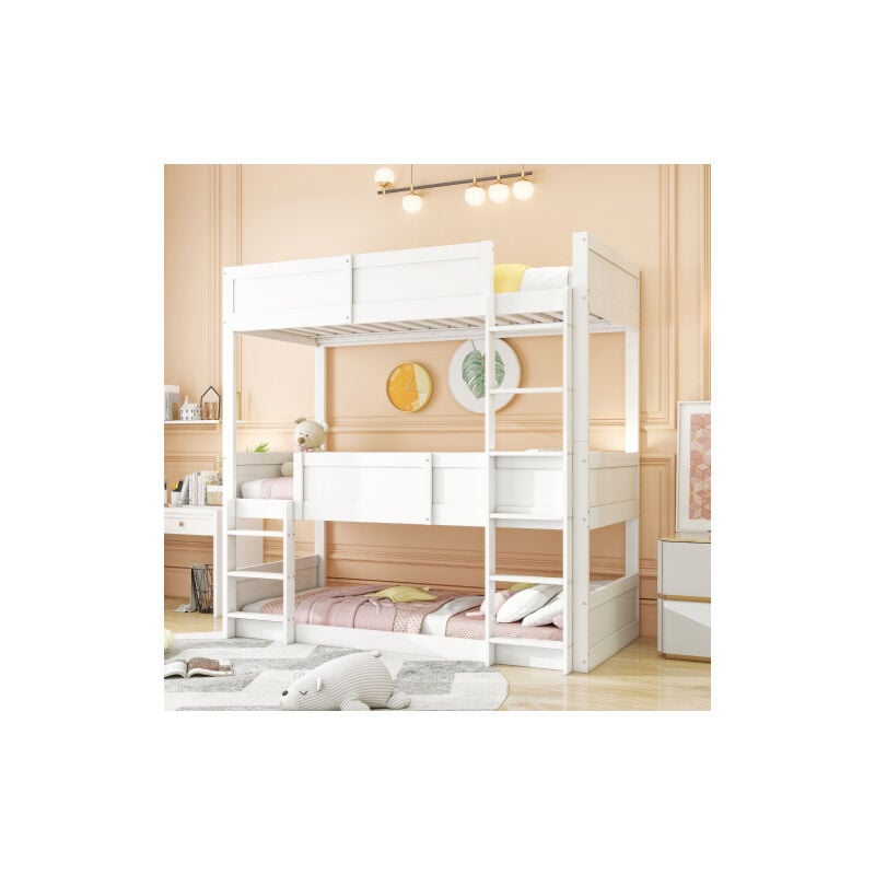 foto del prodotto letto a castello triplo 90x200 cm letto in legno massello con sponda alta, trasformabile in 3 letti singoli, senza materasso, bianco