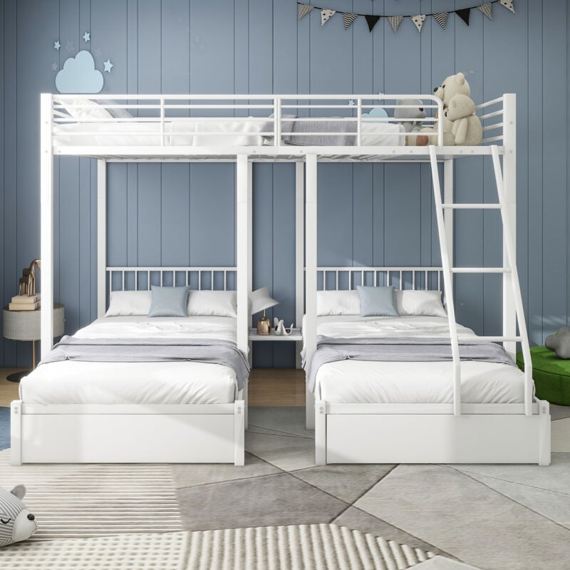 immagine 0 del prodotto letto a castello triplo letto in metallo 90 x 200 con cassetti, trasformabile in letto matrimoniale 140 x 200 e due letti singoli 90 x 200, bianco