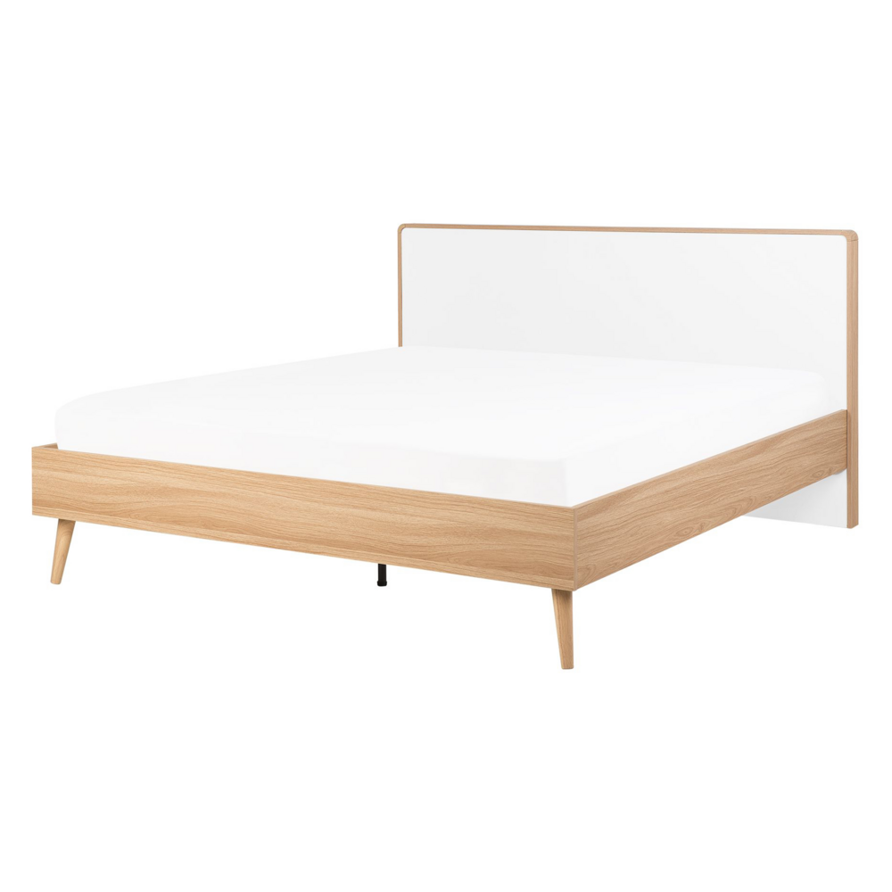 foto del prodotto letto a doghe in legno chiaro e testiera bianca 140 x 200 cm matrimoniale design scandinavo