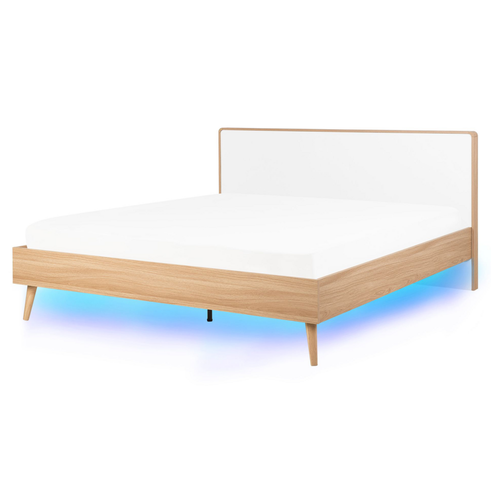 foto del prodotto letto a doghe in legno e testiera bianca 160 x 200 cm illuminazione a led design scandinavo a doppia dimensione