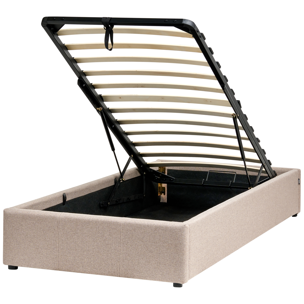 foto del prodotto letto a doghe ottomana imbottita in tessuto di poliestere beige portaoggetti da 90 x 200 single size design moderno