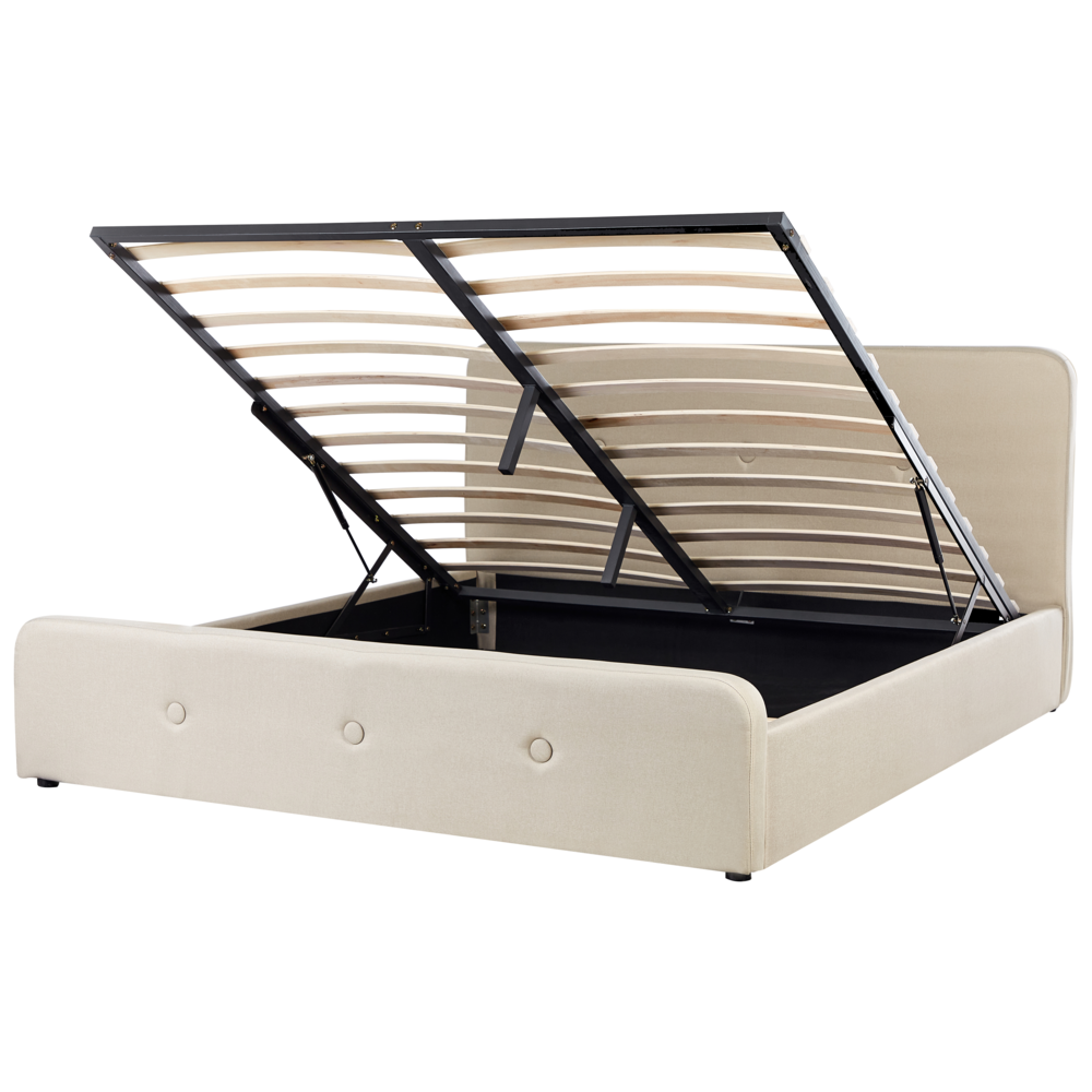 foto del prodotto letto a doghe tessuto in poliestere beige gambe in legno imbottite pouf contenitore 180 x 200 cm design moderno