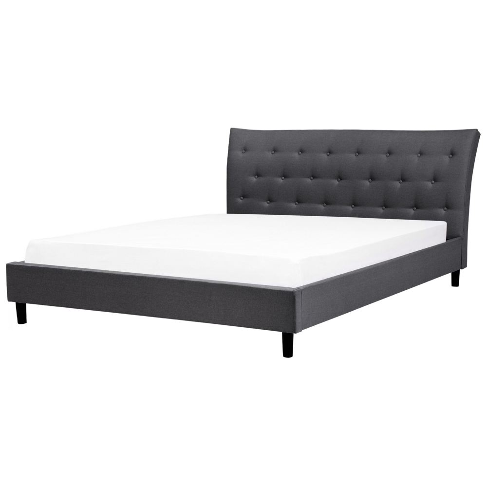 foto del prodotto letto a doghe tessuto in poliestere grigio scuro gambe in legno imbottite testiera capitonn 180 x 200 cm