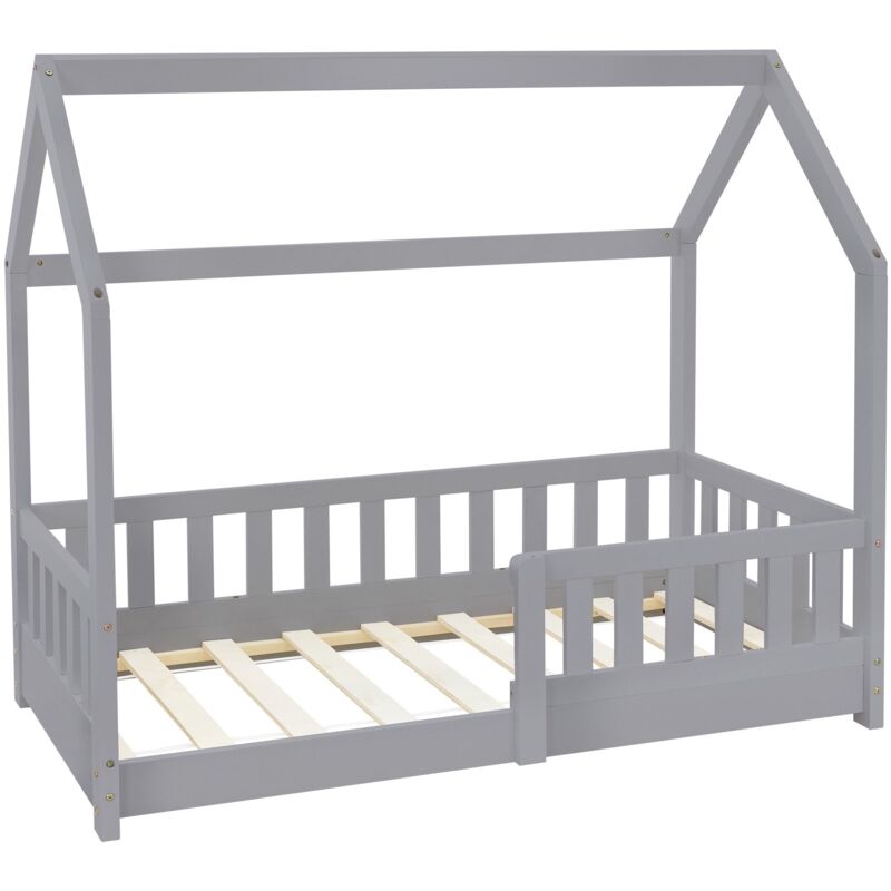 foto del prodotto letto a forma di casa per bambini 70 x 140 cm con protezione anticaduta rete a doghe legno di pino verniciato grigio lettino bimbi robusto e facile