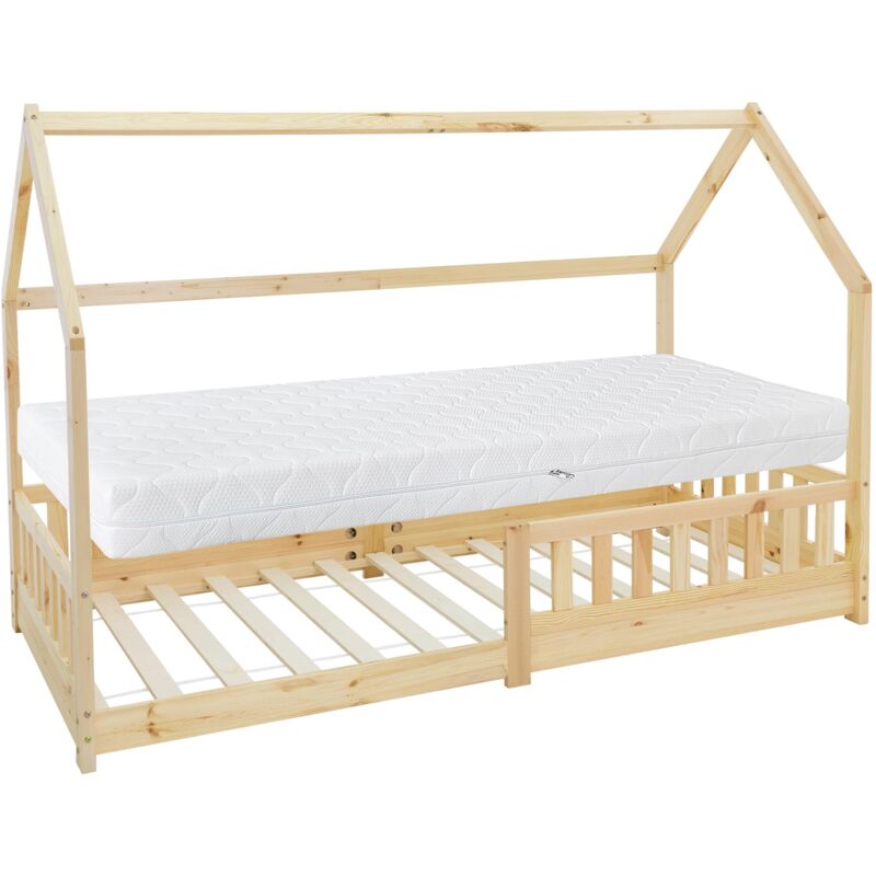 foto del prodotto letto a forma di casetta lettino per bambini tipi 90x200 cm protezione anticaduta bimbi struttura in legno di pino massiccio con materasso da 16 cm