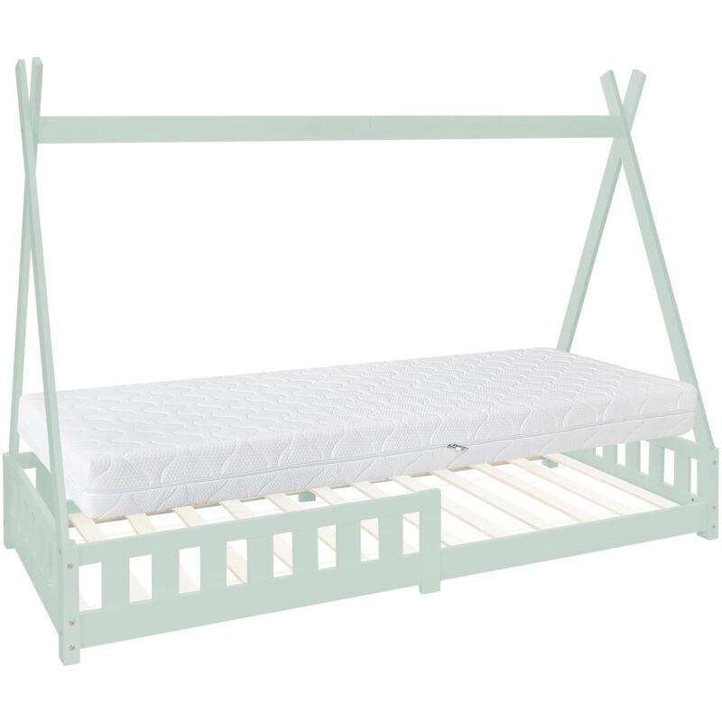 foto del prodotto letto a forma di casetta per bambini tipi 90x200 cm protezione anticaduta tenda indiano legno di pino massiccio lettino con materasso da 16 cm schiuma fredda giovani da gioco verde menta - ml-design