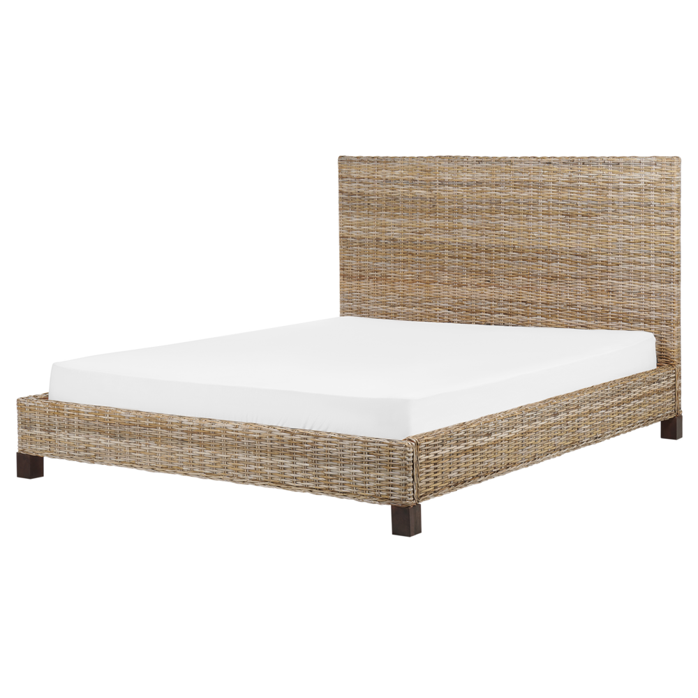 foto del prodotto letto a pannello rattan naturale legno di mogano ue doppio 160 x 200 cm rete a doghe testata intrecciata moderna boho