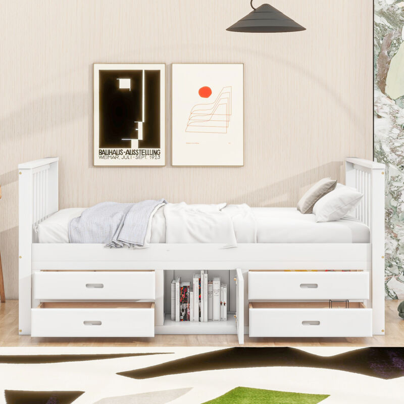 foto del prodotto letto a piattaforma 90x200 cm, letto per bambini, letto a piattaforma con 4 cassetti, con armadio portaoggetti, bianco