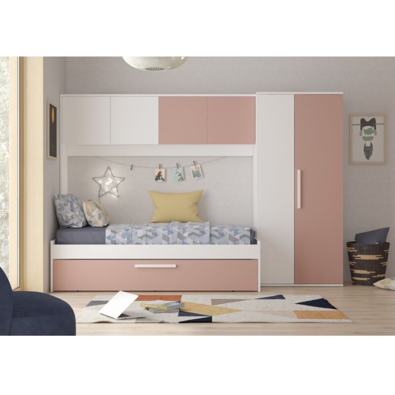 foto del prodotto letto a ponte bianco e rosa 298,4x96,5x203,3 cm con guardaroba