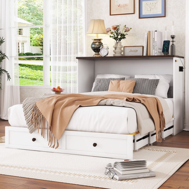 foto del prodotto letto a scomparsa, 140 x 200, letto guardaroba mobile con cassetti ai piedi del letto e ripiano sulla testiera, con usb e presa, letto a piattaforma