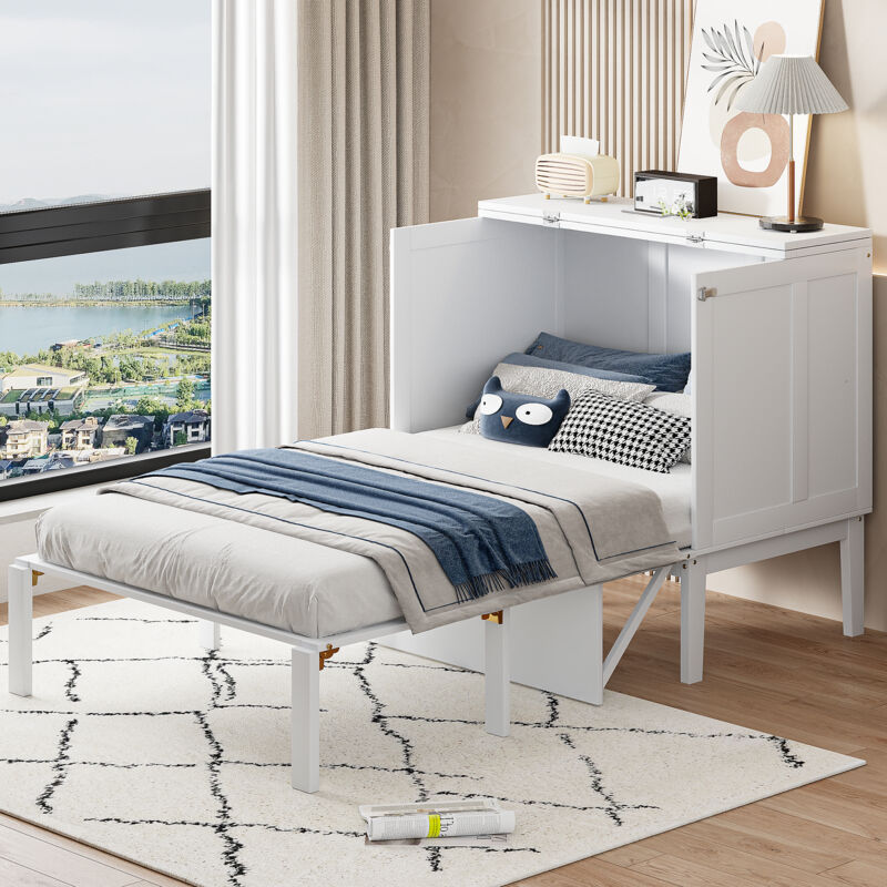 immagine 0 del prodotto letto a scomparsa 90x200 cm con rete a doghe, letto a scomparsa verticale, letto per ragazzi, bianco