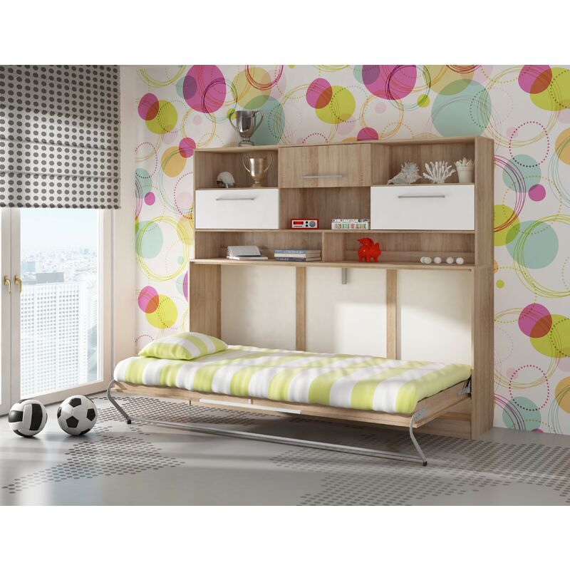 foto del prodotto letto a scomparsa roger 90x200cm orizzontale ripiano rovere sonoma bianco