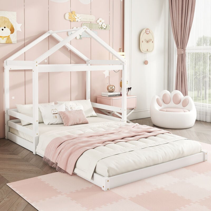 foto del prodotto letto a soppalco 140 x 200 cm, lettino per bambini a forma di casa con rete a doghe senza materasso , legno di pino, stile minimalista, bianco