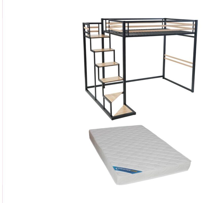 foto del prodotto letto a soppalco 140 x 200 cm metallo e mdf nero e naturale materasso jogui