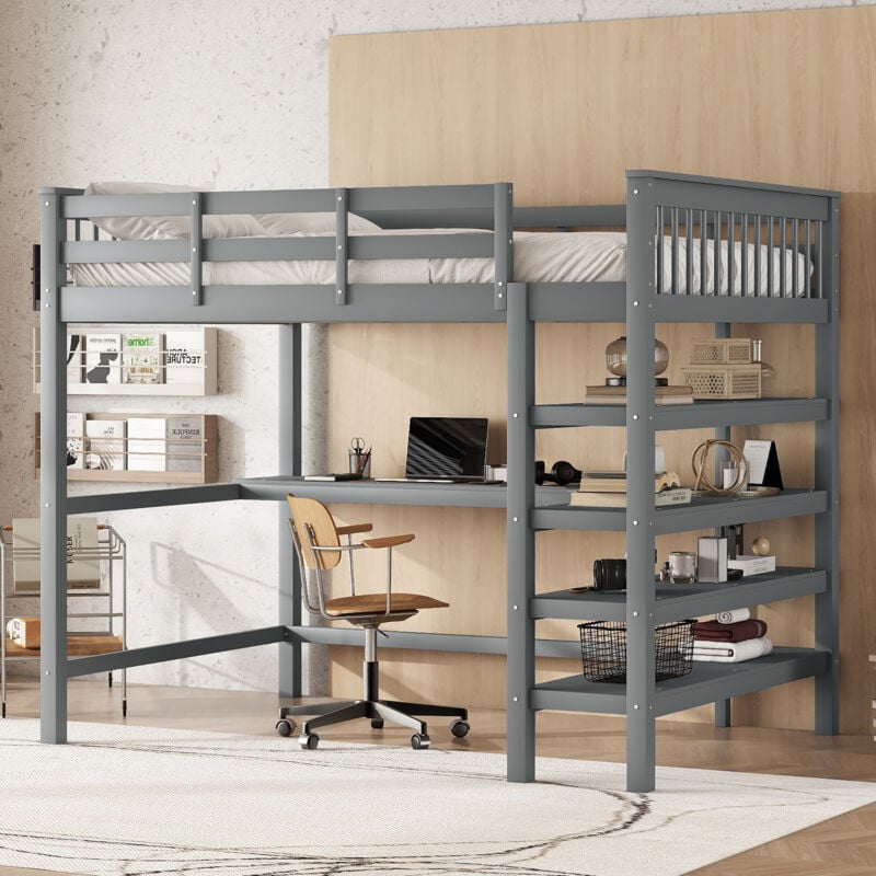 foto del prodotto letto a soppalco, 140 x 200, letto a soppalco per bambini con contenitore e scrivania sotto il letto, senza materasso, grigio