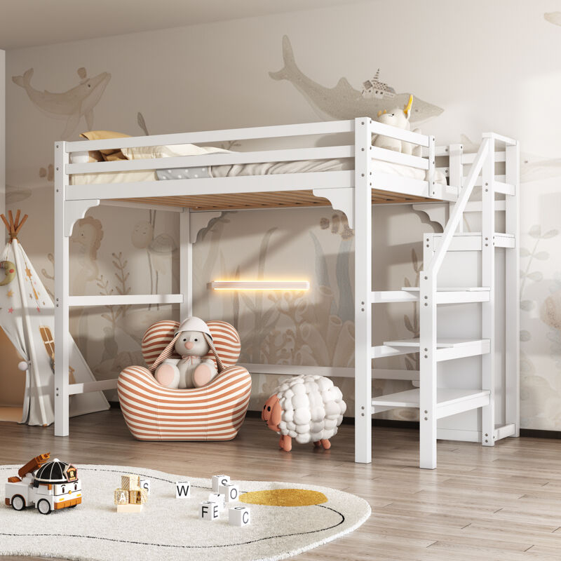 foto del prodotto letto a soppalco 140200 cm con rete a doghe, con gradini, con armadio, letto per ragazzi, contenitore.bianco