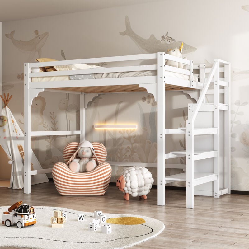 foto del prodotto letto a soppalco 140200 cm con rete a doghe, con gradini, con armadio, letto per ragazzi, contenitore.bianco