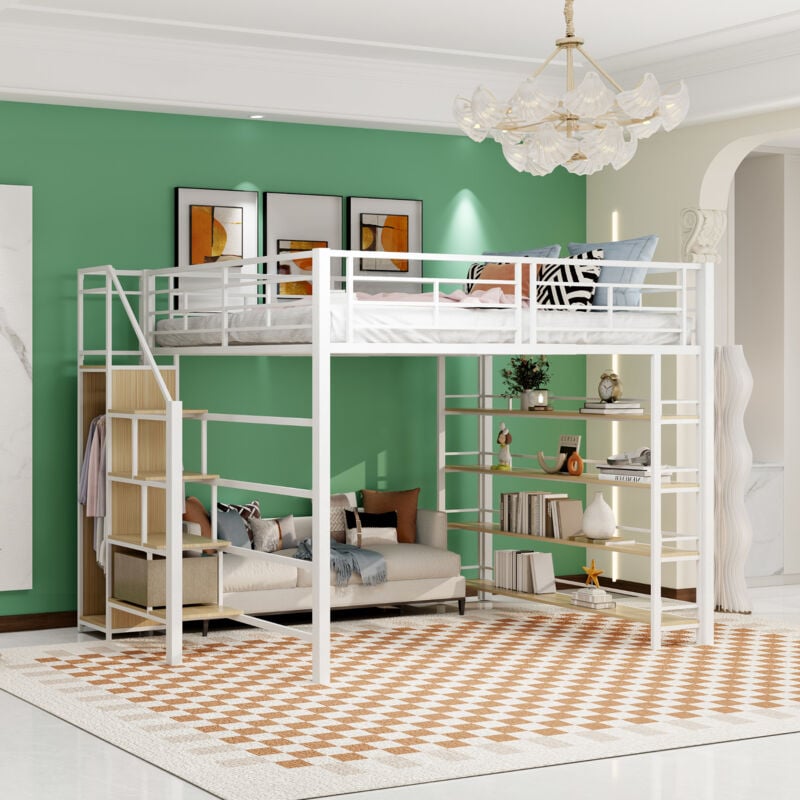 foto del prodotto letto a soppalco 140200, con scala di sicurezza, spazio per riporre e piccolo armadio, scaffali, design con recinzione alta, letto singolo, letto per